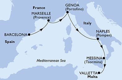 5 nights Mediterranean cruise on MSC World Asia
from 🇪🇸 Barcelona to 🇲🇹 Valletta