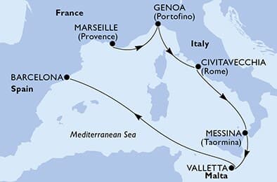 6 nights Mediterranean cruise on MSC World Asia
from 🇫🇷 Marseille to 🇪🇸 Barcelona
