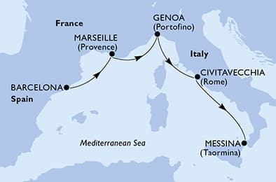 4 nights Mediterranean cruise on MSC World Asia
from ๐ช๐ธ Barcelona to ๐ฎ๐น Messina