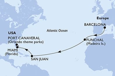 14 nights Transatlantic cruise on MSC Grandiosa
from ๐ช๐ธ Barcelona to ๐บ๐ธ Port Canaveral