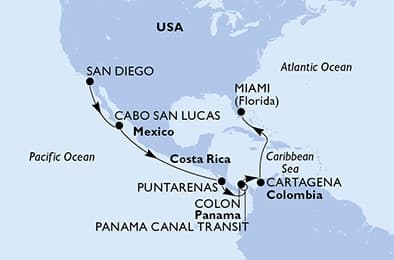 14 nights Transatlantic cruise on MSC Poesia
from ๐บ๐ธ San Diego to ๐บ๐ธ Miami