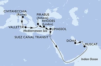 17 nights Transatlantic cruise on MSC World Europa
from 🇮🇹 Civitavecchia to 🇶🇦 Doha