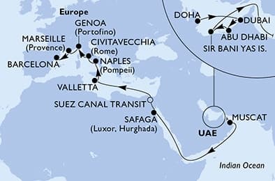 23 nights Transatlantic cruise on MSC World Europa
from 🇶🇦 Doha to 🇪🇸 Barcelona