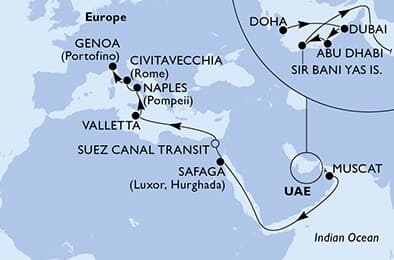 21 nights Transatlantic cruise on MSC World Europa
from 🇶🇦 Doha to 🇮🇹 Genova