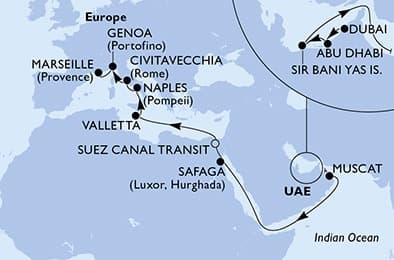 20 nights Transatlantic cruise on MSC World Europa
from ๐ฆ๐ช Dubai to ๐ซ๐ท Marseille