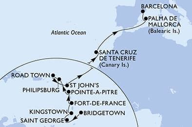 19 nights Transatlantic cruise on MSC Seaview
from ๐ง๐ง Bridgetown to ๐ช๐ธ Barcelona