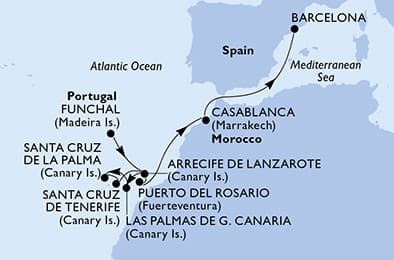11 nights Mediterranean cruise on MSC Fantasia
from ๐ต๐น Funchal to ๐ช๐ธ Barcelona
