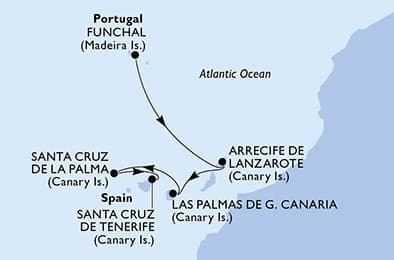 5 nights Mediterranean cruise on MSC Fantasia
from 🇵🇹 Funchal to 🇪🇸 Santa Cruz de Tenerife