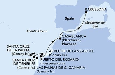 8 nights Mediterranean cruise on MSC Fantasia
from ๐ช๐ธ Las Palmas to ๐ช๐ธ Barcelona