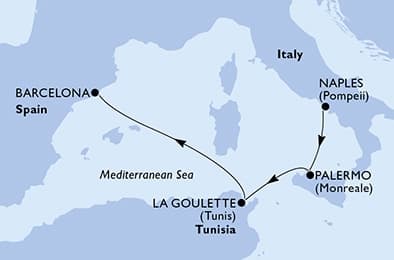 4 nights Mediterranean cruise on MSC Euribia
from 🇮🇹 Naples to 🇪🇸 Barcelona