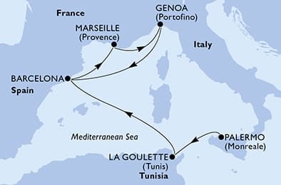 7 nights Mediterranean cruise on MSC Euribia
from ๐ฎ๐น Palermo to ๐ช๐ธ Barcelona