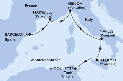 5 nights Mediterranean cruise on MSC Euribia
from ๐ช๐ธ Barcelona to ๐น๐ณ La Goulette