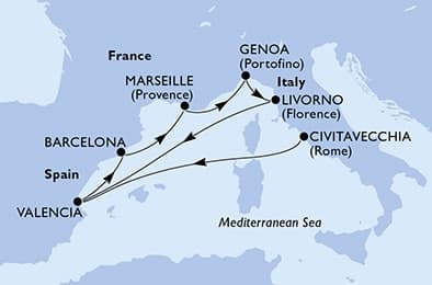8 nights Mediterranean cruise on MSC Orchestra
from ๐ฎ๐น Civitavecchia to ๐ช๐ธ Valencia