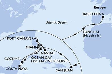 21 nights Transatlantic cruise on MSC Grandiosa
from ๐ช๐ธ Barcelona to ๐บ๐ธ Port Canaveral