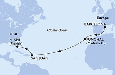 13 nights Transatlantic cruise on MSC Grandiosa
from 🇪🇸 Barcelona to 🇺🇸 Miami