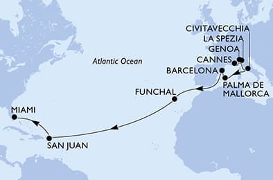19 nights Transatlantic cruise on MSC Grandiosa
from 🇫🇷 Cannes to 🇺🇸 Miami
