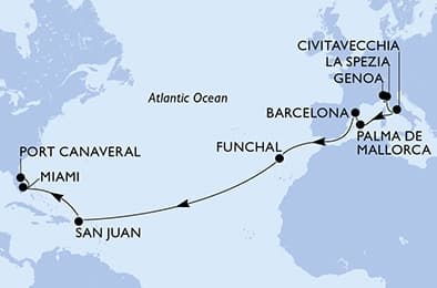 19 nights Transatlantic cruise on MSC Grandiosa
from ๐ฎ๐น Genova to ๐บ๐ธ Port Canaveral