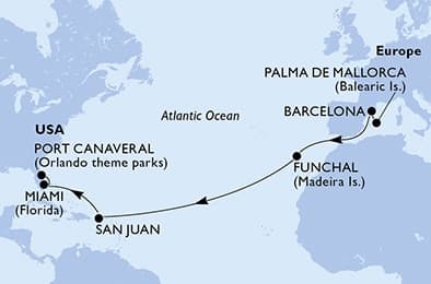 15 nights Transatlantic cruise on MSC Grandiosa
from 🇪🇸 Palma de Mallorca to 🇺🇸 Port Canaveral