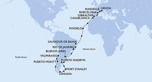 36 nights Extraordinary cruise on MSC Magnifica
from ๐ฎ๐น Genova to ๐จ๐ฑ Valparaiso