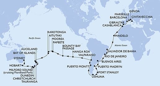 71 nights Extraordinary cruise on MSC Magnifica
from ๐ฎ๐น Civitavecchia to ๐ฆ๐บ Sydney