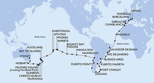 70 nights Extraordinary cruise on MSC Magnifica
from ๐ฎ๐น Genova to ๐ฆ๐บ Sydney