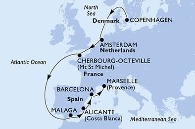10 nights North European cruise on MSC Euribia
from 🇩🇰 Copenhagen to 🇫🇷 Marseille