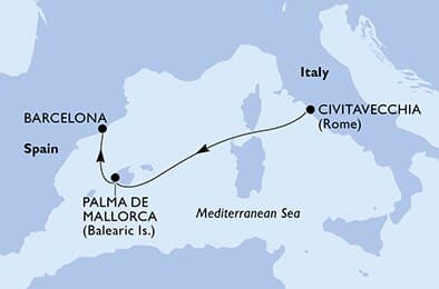 3 nights Mediterranean cruise on MSC World Europa
from 🇮🇹 Civitavecchia to 🇪🇸 Barcelona