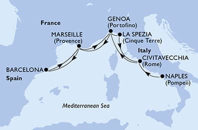 8 nights Extraordinary cruise on MSC World Europa
from 🇮🇹 Naples to 🇮🇹 Civitavecchia