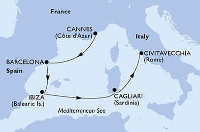 5 nights Mediterranean cruise on MSC Fantasia
from ๐ซ๐ท Cannes to ๐ฎ๐น Civitavecchia