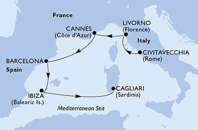 6 nights Mediterranean cruise on MSC Fantasia
from ๐ฎ๐น Civitavecchia to ๐ฎ๐น Cagliari