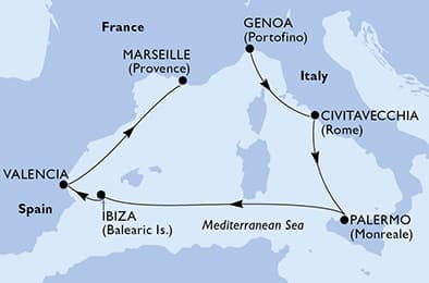 6 nights Mediterranean cruise on MSC Musica
from ๐ฎ๐น Genova to ๐ซ๐ท Marseille