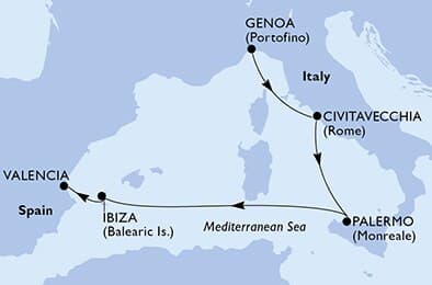 5 nights Mediterranean cruise on MSC Musica
from 🇮🇹 Genoa to 🇪🇸 Valencia