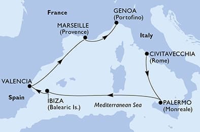 6 nights Mediterranean cruise on MSC Musica
from ๐ฎ๐น Civitavecchia to ๐ฎ๐น Genova