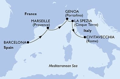 4 nights Mediterranean cruise on MSC World Europa
from 🇪🇸 Barcelona to 🇮🇹 Civitavecchia