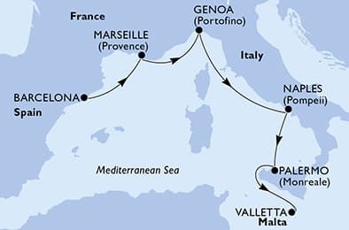 5 nights Mediterranean cruise on MSC Seaview
from 🇪🇸 Barcelona to 🇲🇹 Valletta
