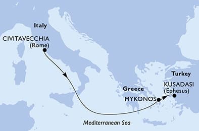 3 nights Mediterranean cruise on MSC Divina
from 🇮🇹 Civitavecchia to 🇹🇷 Kusadasi
