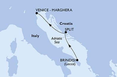 2 nights Mediterranean cruise on MSC Armonia
from 🇮🇹 Brindisi to 🇮🇹 Venice