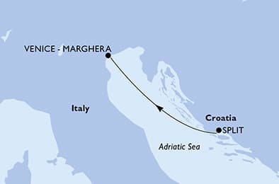 1 night Mediterranean cruise on MSC Armonia
from 🇭🇷 Split to 🇮🇹 Venice