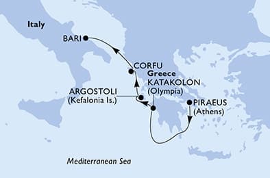 4 nights Mediterranean cruise on MSC Sinfonia
from ๐ฌ๐ท Piraeus to ๐ฎ๐น Bari