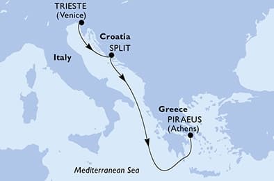 3 nights Mediterranean cruise on MSC Splendida
from 🇮🇹 Trieste to 🇬🇷 Piraeus