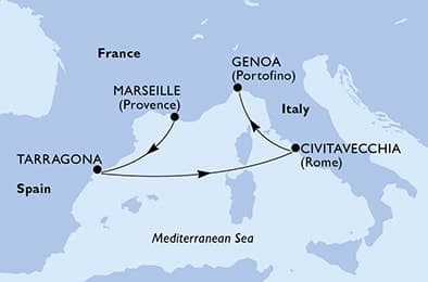 4 nights Mediterranean cruise on MSC Magnifica
from 🇫🇷 Marseille to 🇮🇹 Genoa