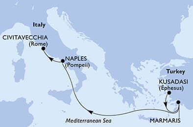 4 nights Mediterranean cruise on MSC Divina
from 🇹🇷 Kusadasi to 🇮🇹 Civitavecchia
