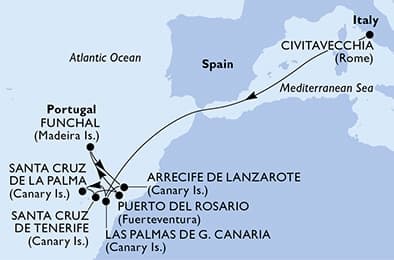 11 nights Mediterranean cruise on MSC Fantasia
from 🇮🇹 Civitavecchia to 🇪🇸 Las Palmas