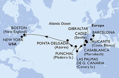 19 nights Transatlantic cruise on MSC Meraviglia
from ๐ช๐ธ Barcelona to ๐บ๐ธ New York