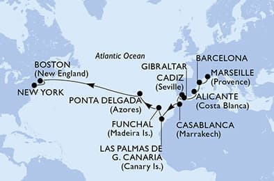 20 nights Transatlantic cruise on MSC Meraviglia
from ๐ซ๐ท Marseille to ๐บ๐ธ New York