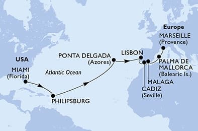 16 nights Transatlantic cruise on MSC Meraviglia
from 🇺🇸 Miami to 🇫🇷 Marseille