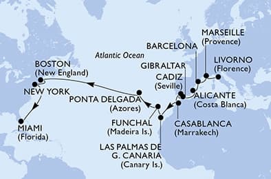 24 nights Transatlantic cruise on MSC Meraviglia
from 🇮🇹 Livorno to 🇺🇸 Miami