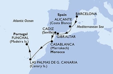 7 nights Extraordinary cruise on MSC Meraviglia
from 🇪🇸 Barcelona to 🇵🇹 Funchal