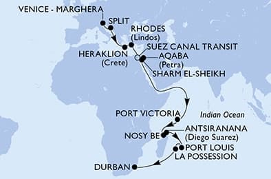 26 nights Transatlantic cruise on MSC Armonia
from ๐ฎ๐น Venice to ๐ฟ๐ฆ Durban
