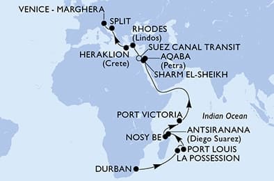 26 nights Transatlantic cruise on MSC Armonia
from 🇿🇦 Durban to 🇮🇹 Venice